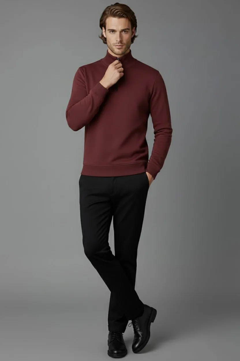Unisex Kışlık Bordo Yarım Fermuarlı Dik Yaka 2 İplik Basic Sweatshirt