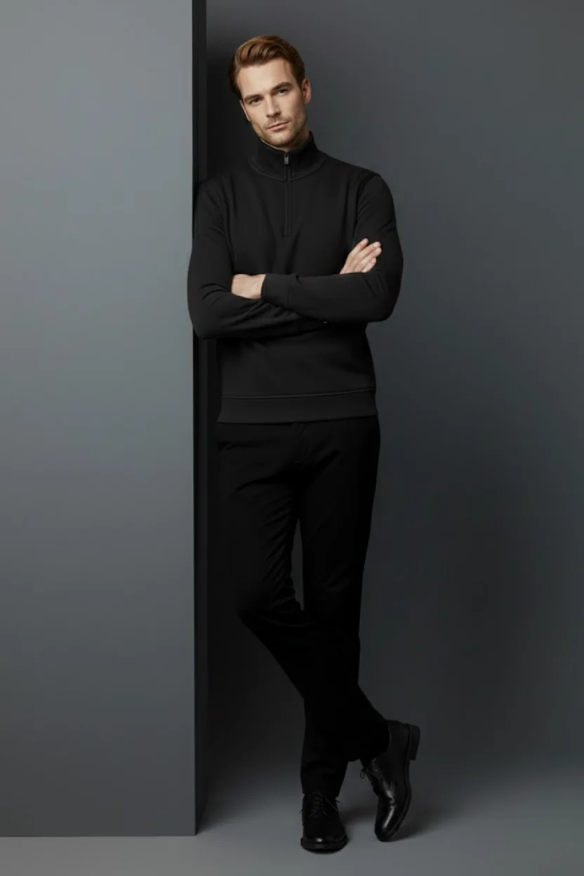 Unisex Kışlık Siyah Yarım Fermuarlı Dik Yaka 2 İplik Basic Sweatshirt