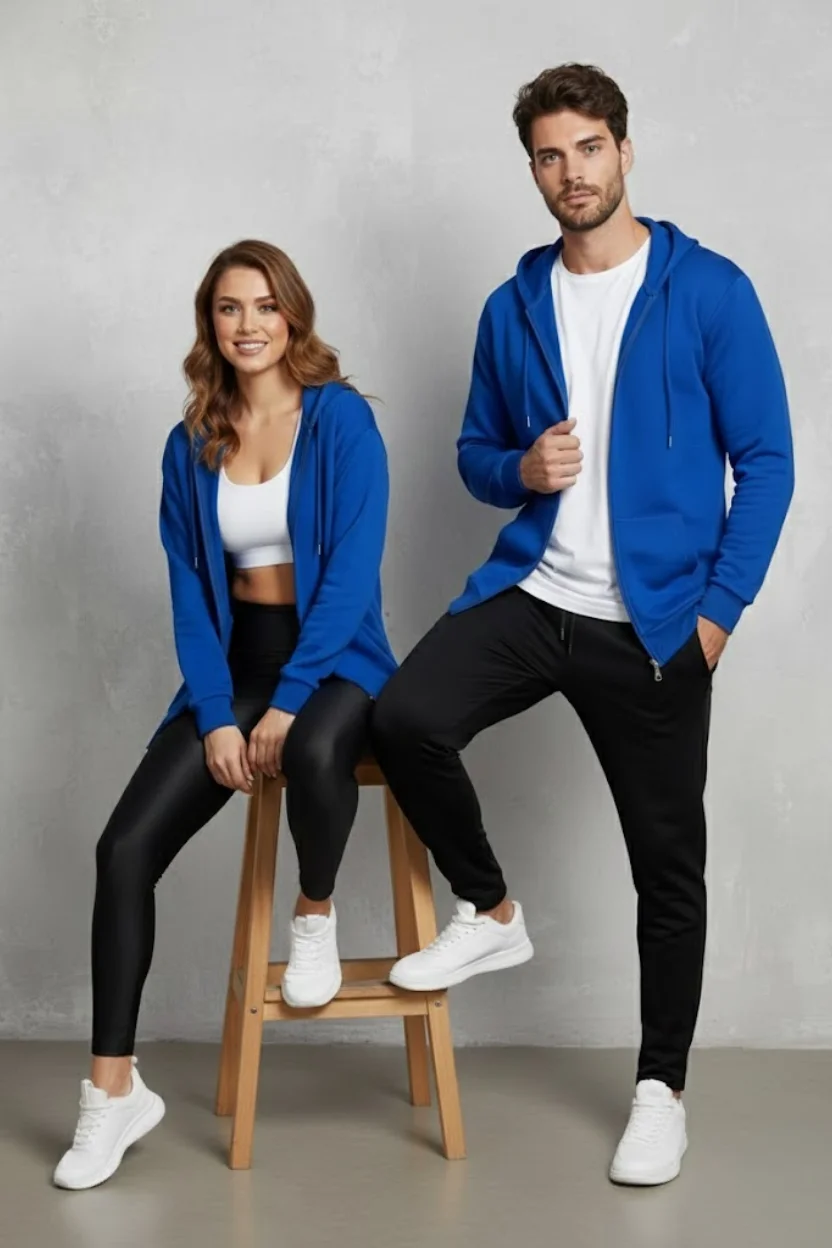 Unisex Saks Mavi Oversize Kalıp 2 İplik Kapüşonlu Fermuarlı Sweatshirt Ceket Hırka