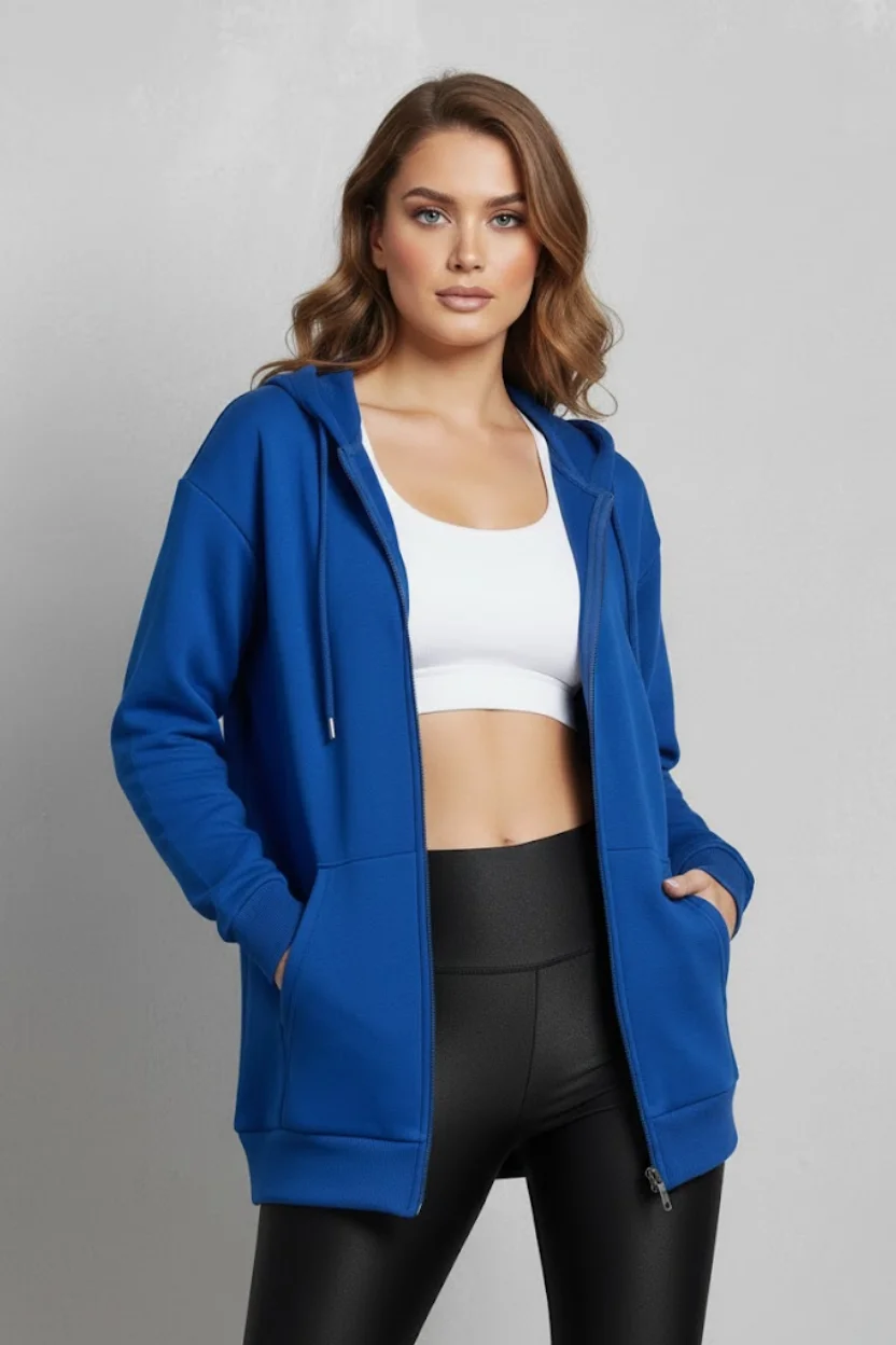 Unisex Saks Mavi Oversize Kalıp 2 İplik Kapüşonlu Fermuarlı Sweatshirt Ceket Hırka