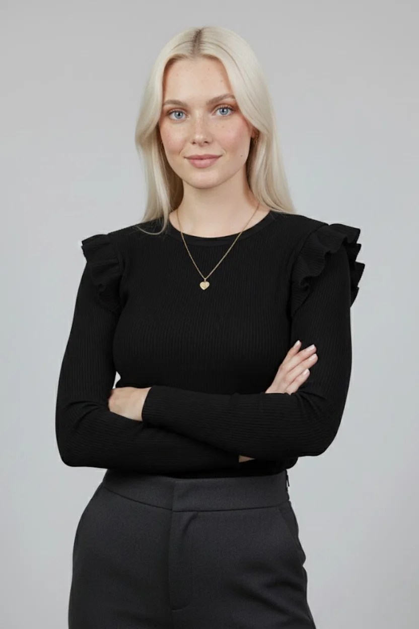 Siyah Kaşkorse Uzun Kollu Fırfırlı Omuz Detaylı Pamuklu Ribana Bluz