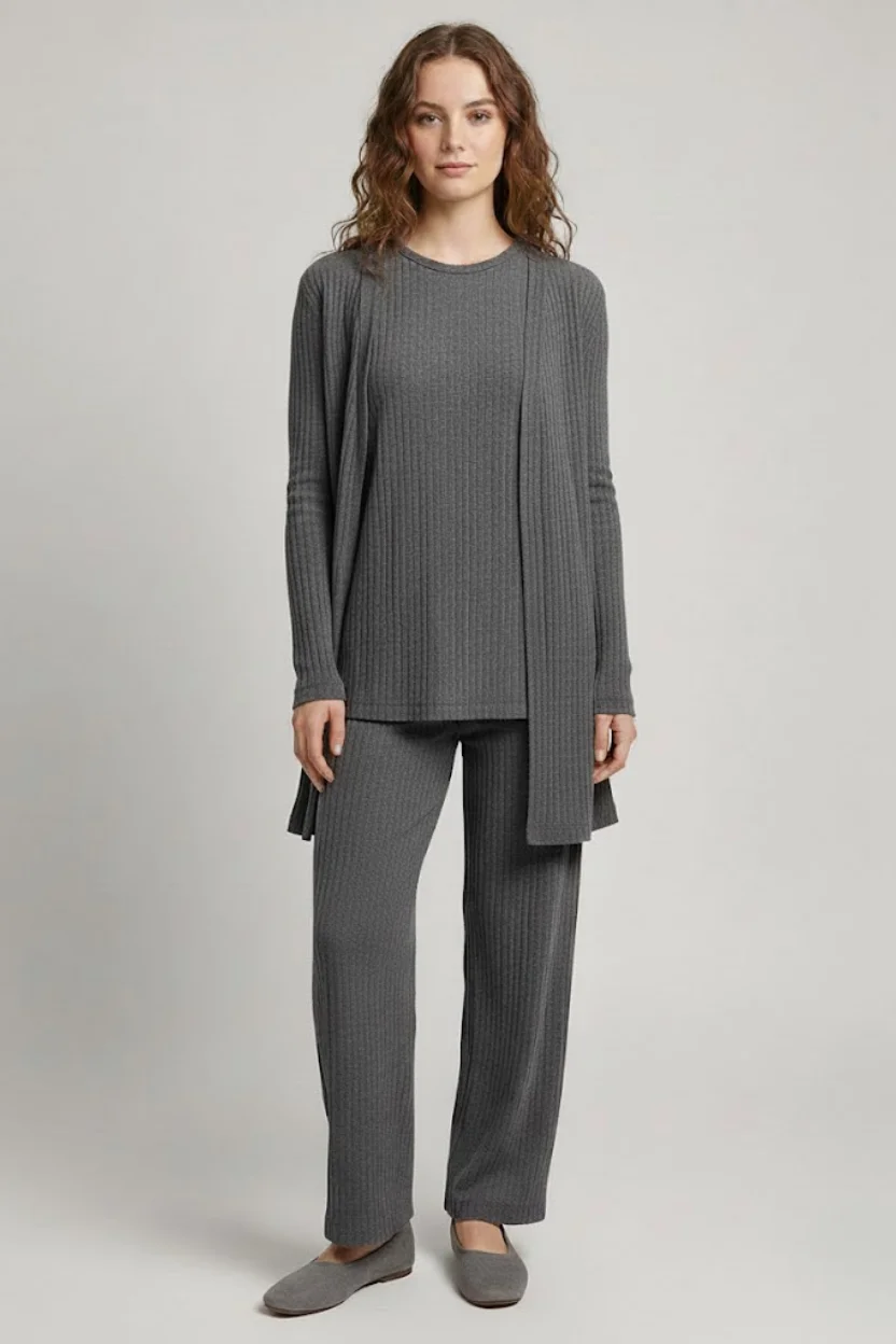 Kadın Gri Ribanalı Üçlü Takım Uzun Hırka Bisiklet Yaka Bluz Lastikli Boru Paça Pantolon