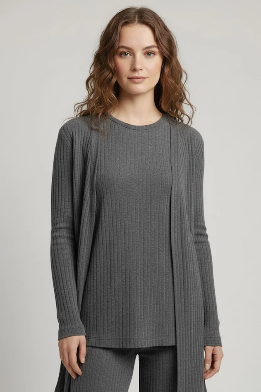 Kadın Gri Ribanalı Üçlü Takım Uzun Hırka Bisiklet Yaka Bluz Lastikli Boru Paça Pantolon