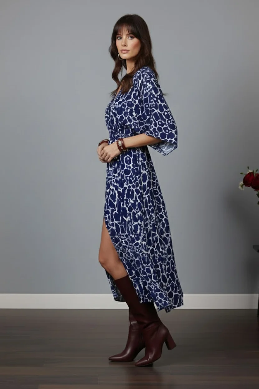 Kadın Lacivert Desenli Bürümcük Kumaş Kruvaze Yaka Yarasa Kol Önden Yırtmaçlı Uzun Midi Elbise