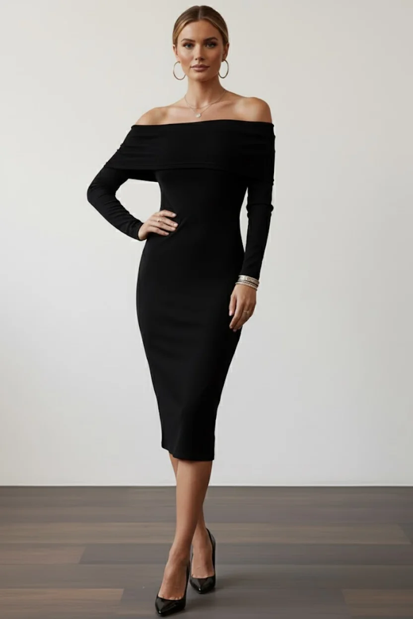 Kadın Siyah Madonna Yaka Sandy Kumaş Esnek Midi Boy Uzun Kollu Elbise