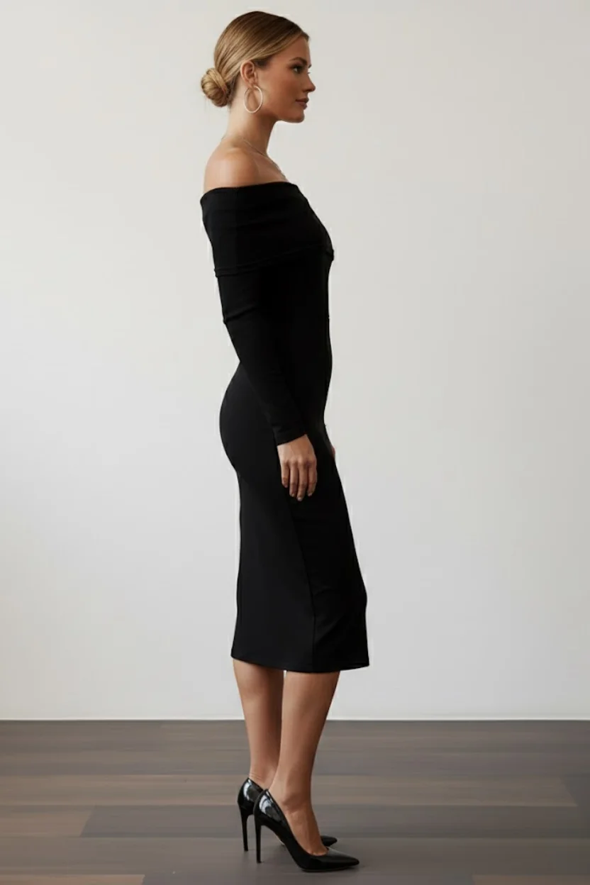 Kadın Siyah Madonna Yaka Sandy Kumaş Esnek Midi Boy Uzun Kollu Elbise