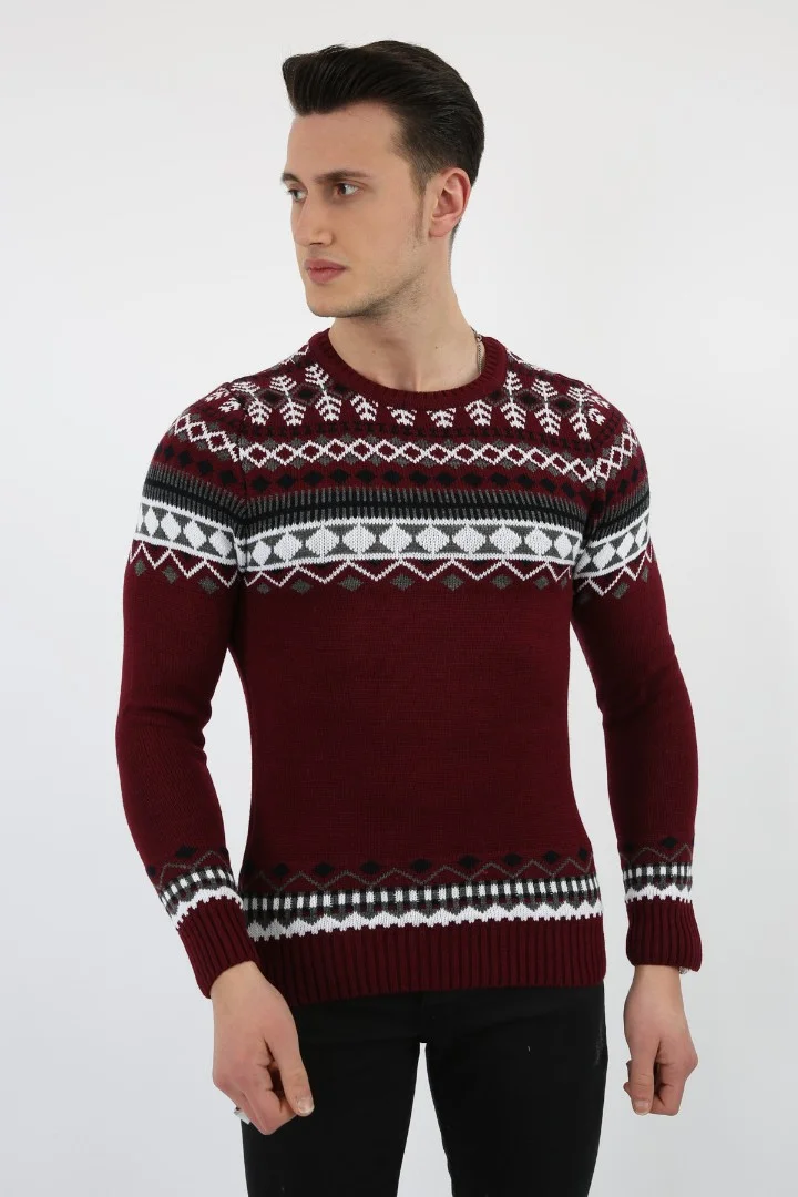 Karışık Desenli Bordo Kalın Kışlık Günlük Triko Kazak