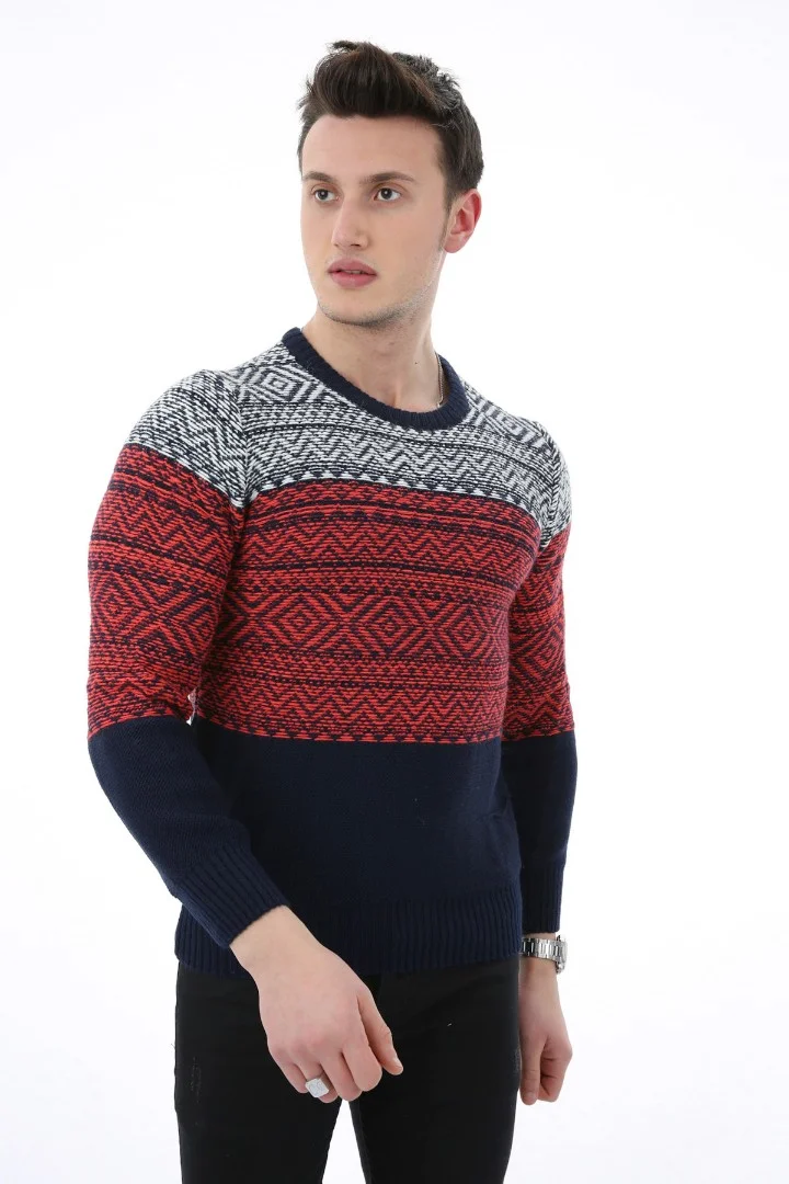 Kilim Desenli Bordo Kalın Kışlık Günlük Triko Kazak