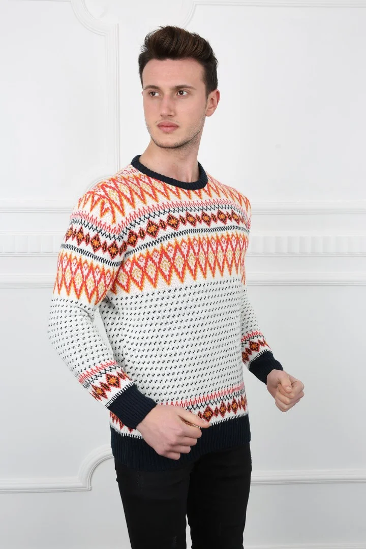 Nokta Desenli Beyaz Kazak Kalın Kışlık Günlük Triko Kazak