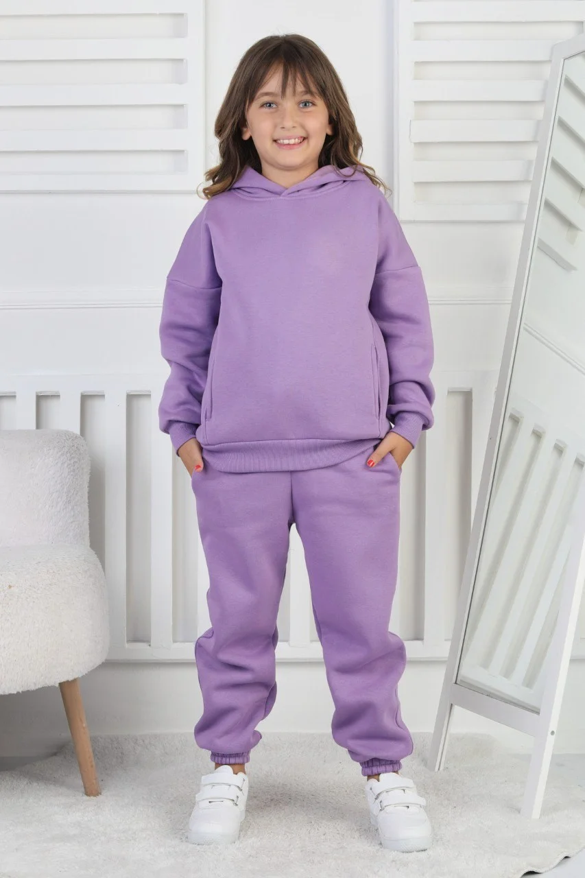 Şardonlu 3 İplik Baskılı Kapşonlu Kız Çocuk Takım