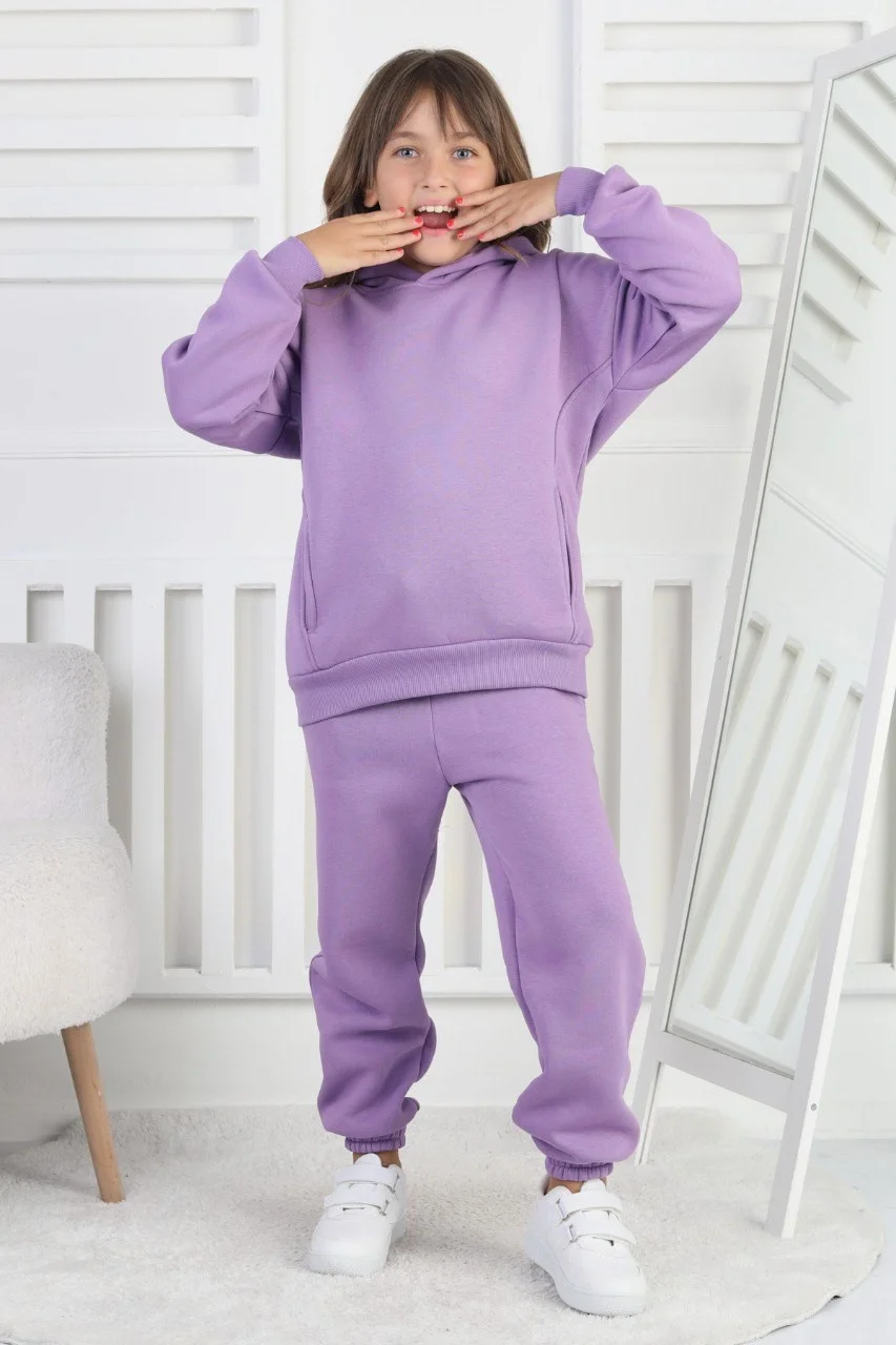 Şardonlu 3 İplik Baskılı Kapşonlu Kız Çocuk Takım