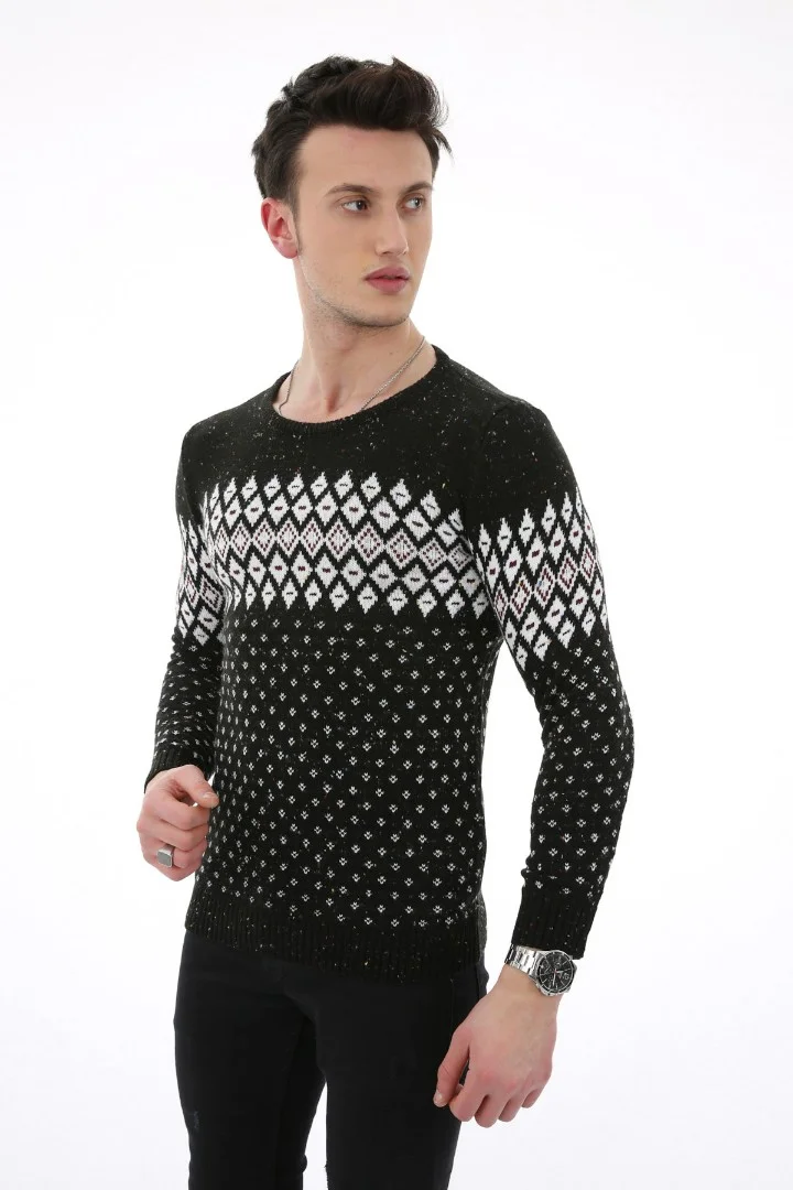 Desenli Sıfır Yaka Kışlık Erkek Günlük Triko Kazak