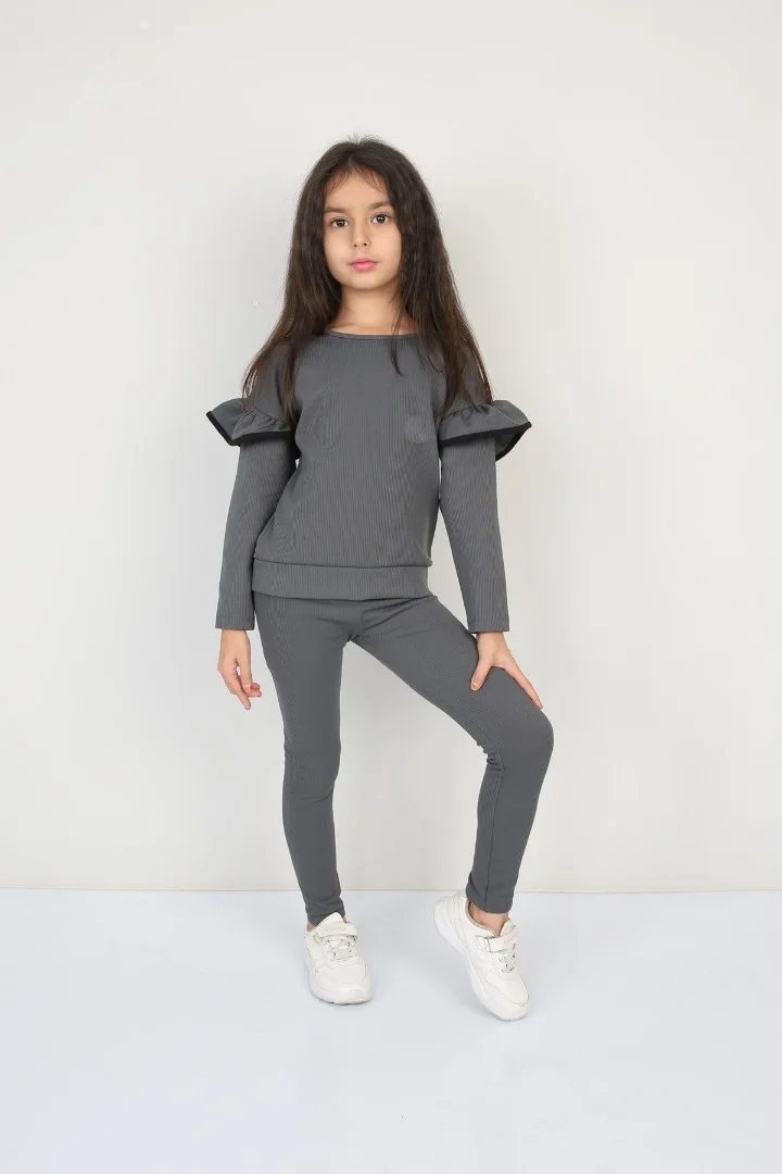 Şardonlu Fitilli Fırfır Detaylı Taytlı Günlük Kız Çocuk Takım