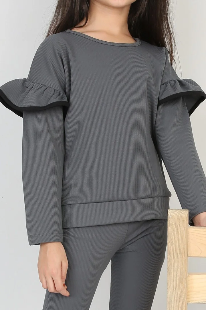 Şardonlu Fitilli Fırfır Detaylı Taytlı Günlük Kız Çocuk Takım