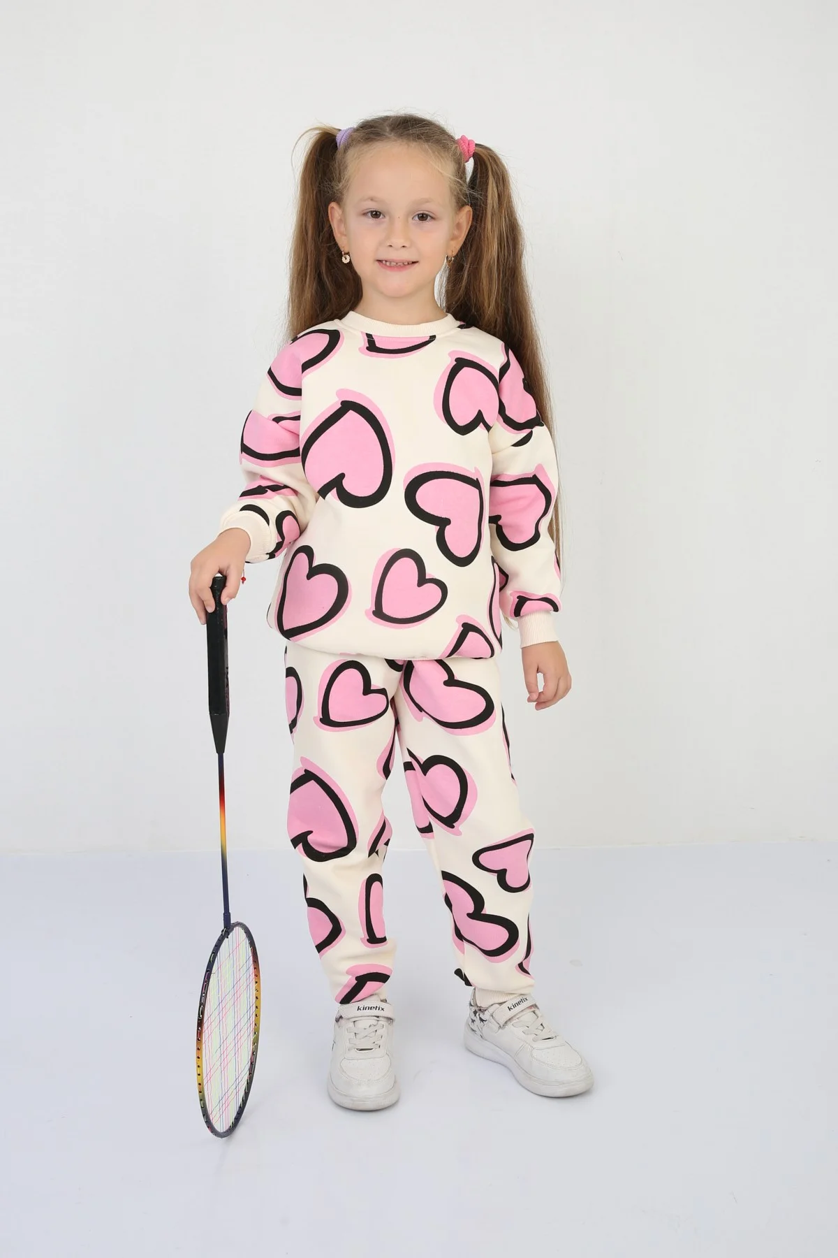 Üç İplik Şardonlu Kalp Baskılı Kız Çocuk Günlük Takım