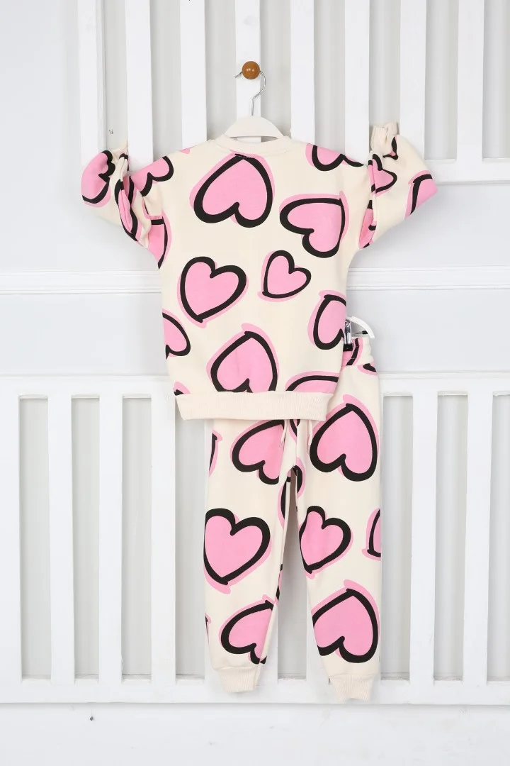 Üç İplik Şardonlu Kalp Baskılı Kız Çocuk Günlük Takım