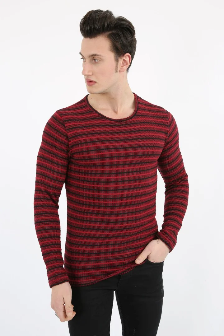 Çizgili Sıfır Yaka Erkek Günlük Sweatshirt