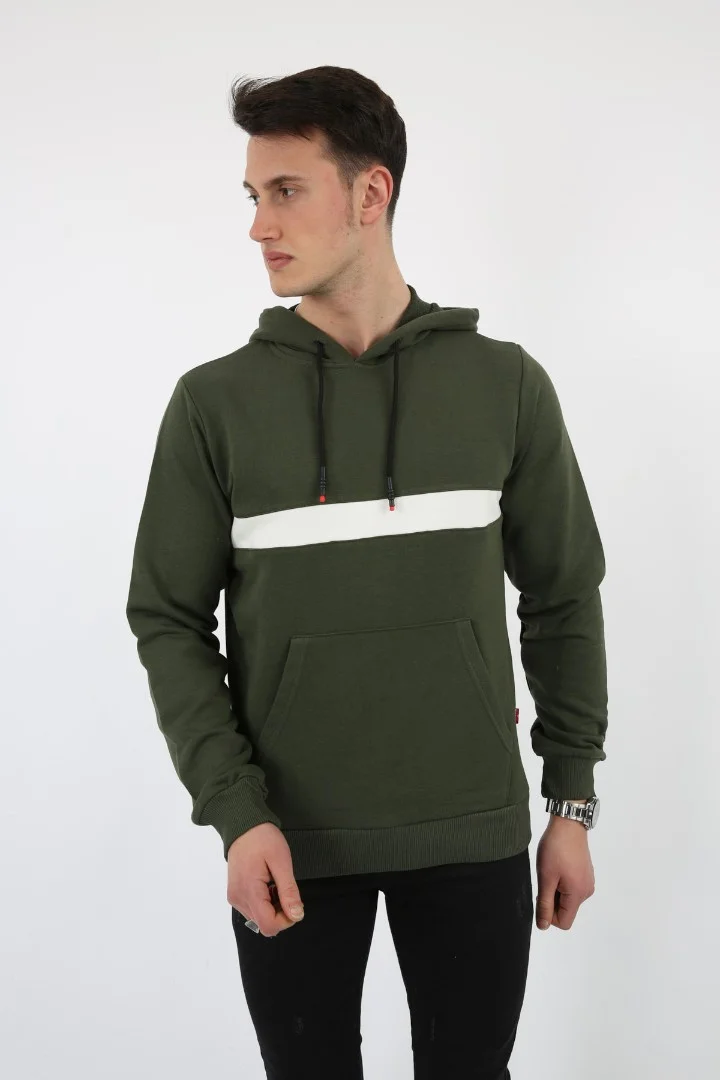 Üç İplik Kapşonlu Kalın Çizgili Kanguru Cepli Erkek Günlük Sweatshirt