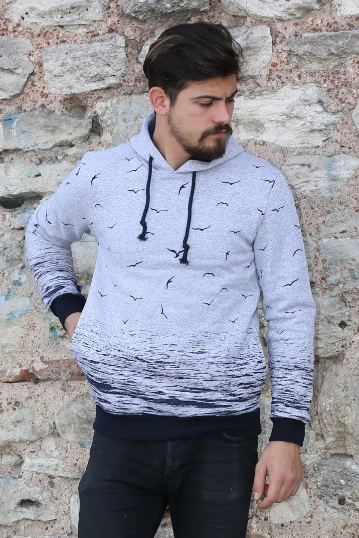 Üç İplik Kapşonlu Martı Desenli Erkek Günlük Sweatshirt