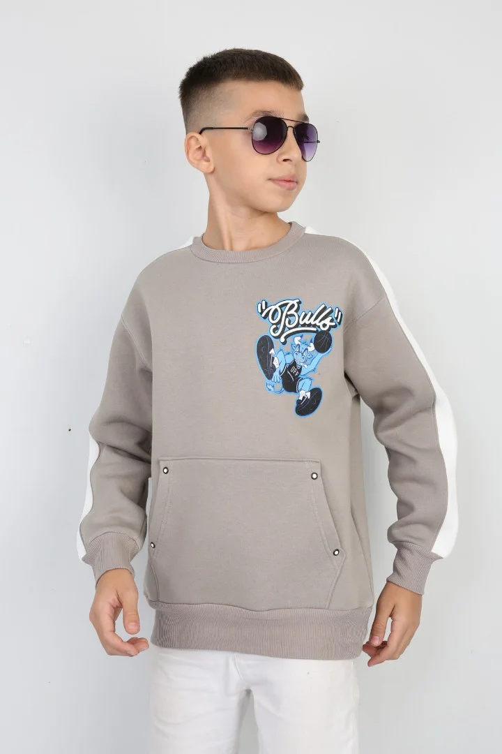 Üç İplik Şardonlu Arka Baskılı Erkek Çocuk Günlük Sweatshirt