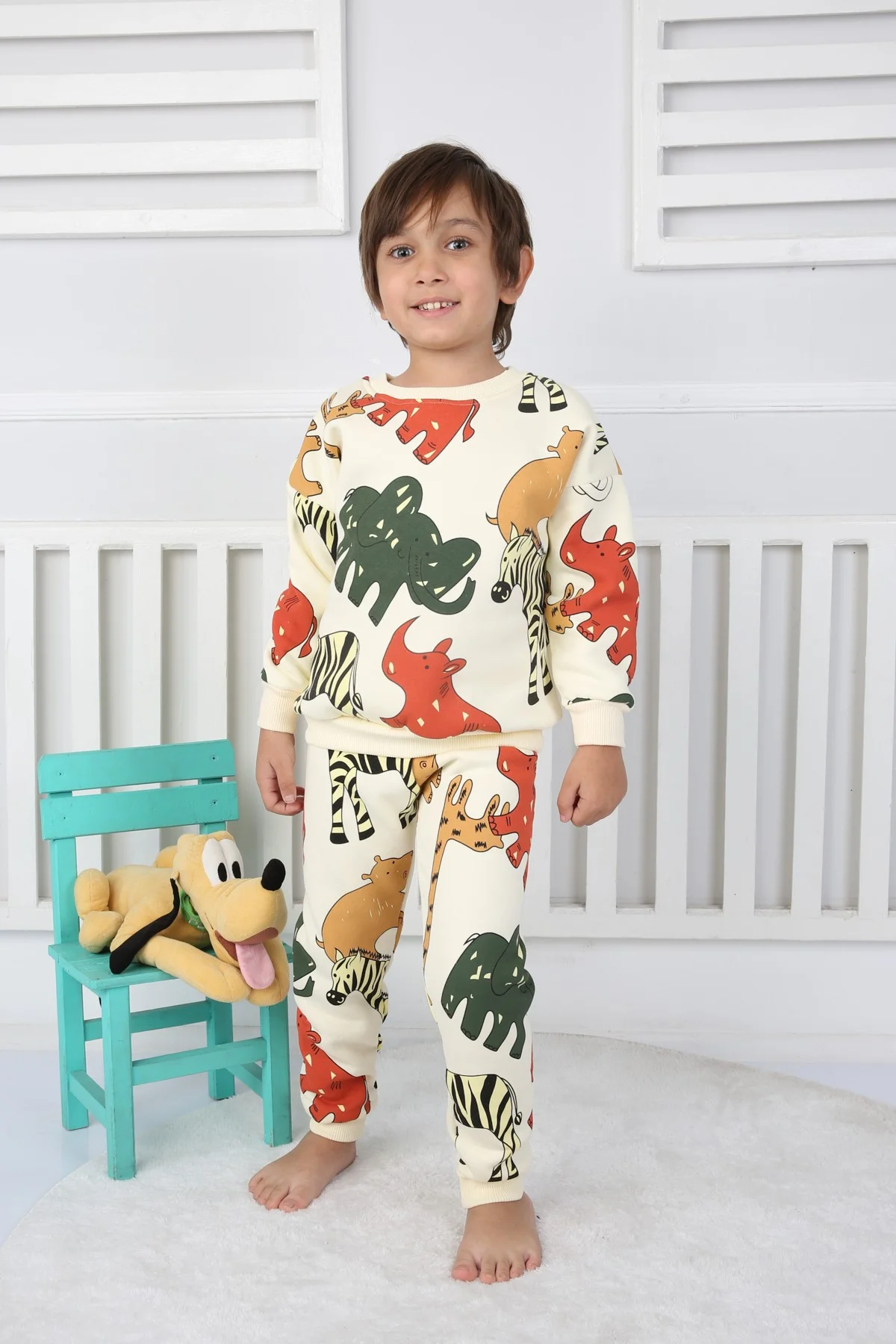 Üç İplik Şardonlu Fil Baskılı Erkek Çocuk Günlük Takım