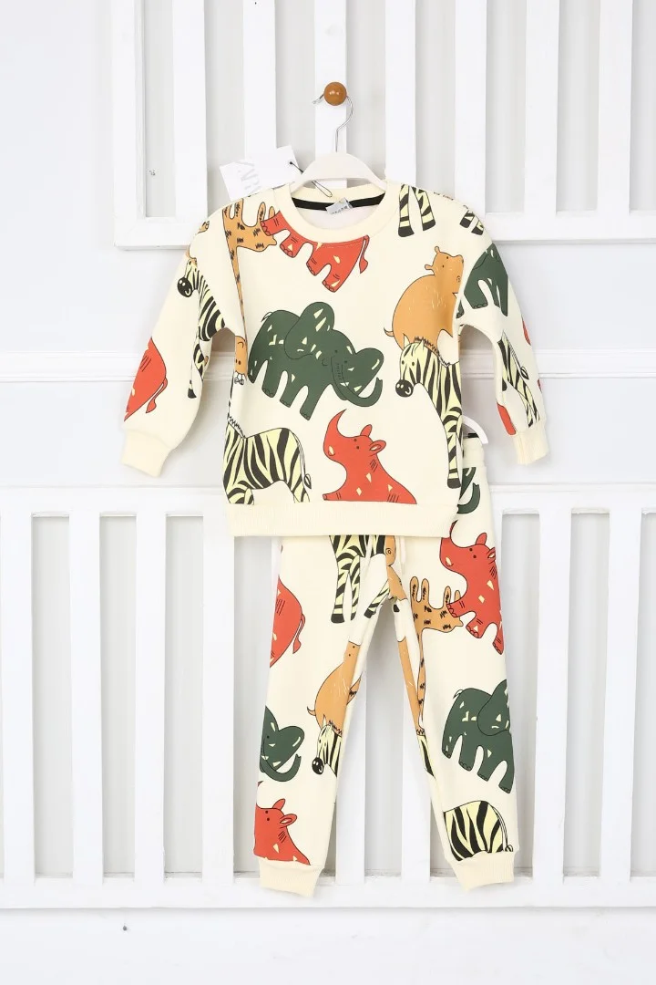 Üç İplik Şardonlu Fil Baskılı Erkek Çocuk Günlük Takım