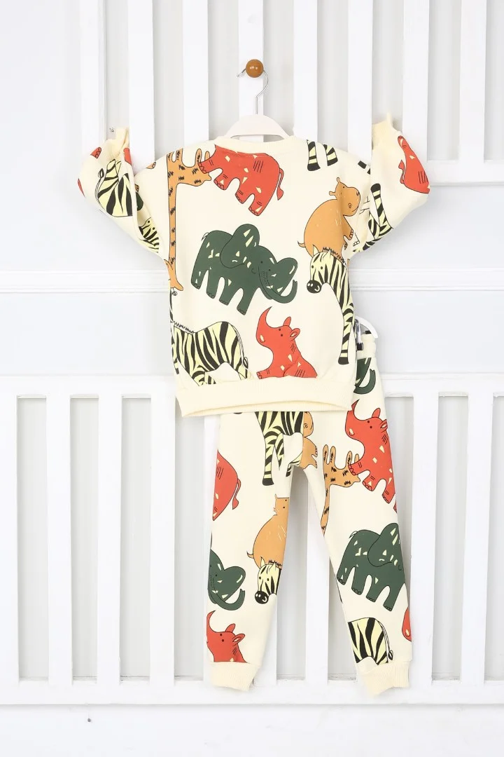 Üç İplik Şardonlu Fil Baskılı Erkek Çocuk Günlük Takım