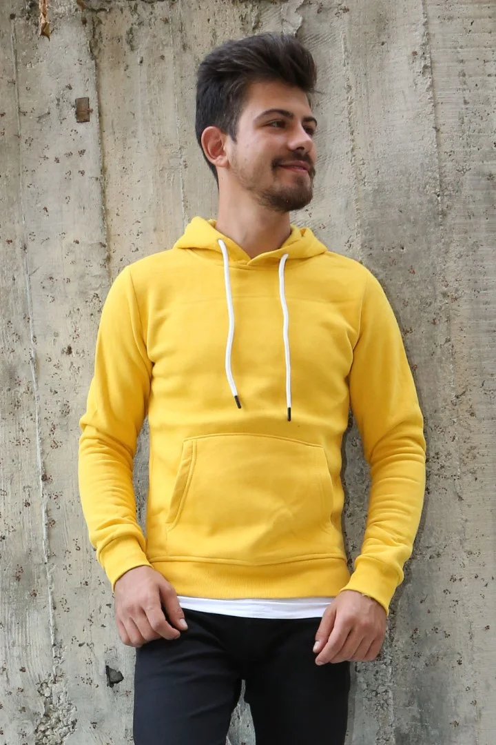 Üç İplik Şardonlu Kapşonlu Kanguru Cepli Alttan Çıkmalı Erkek Günlük Sweatshirt