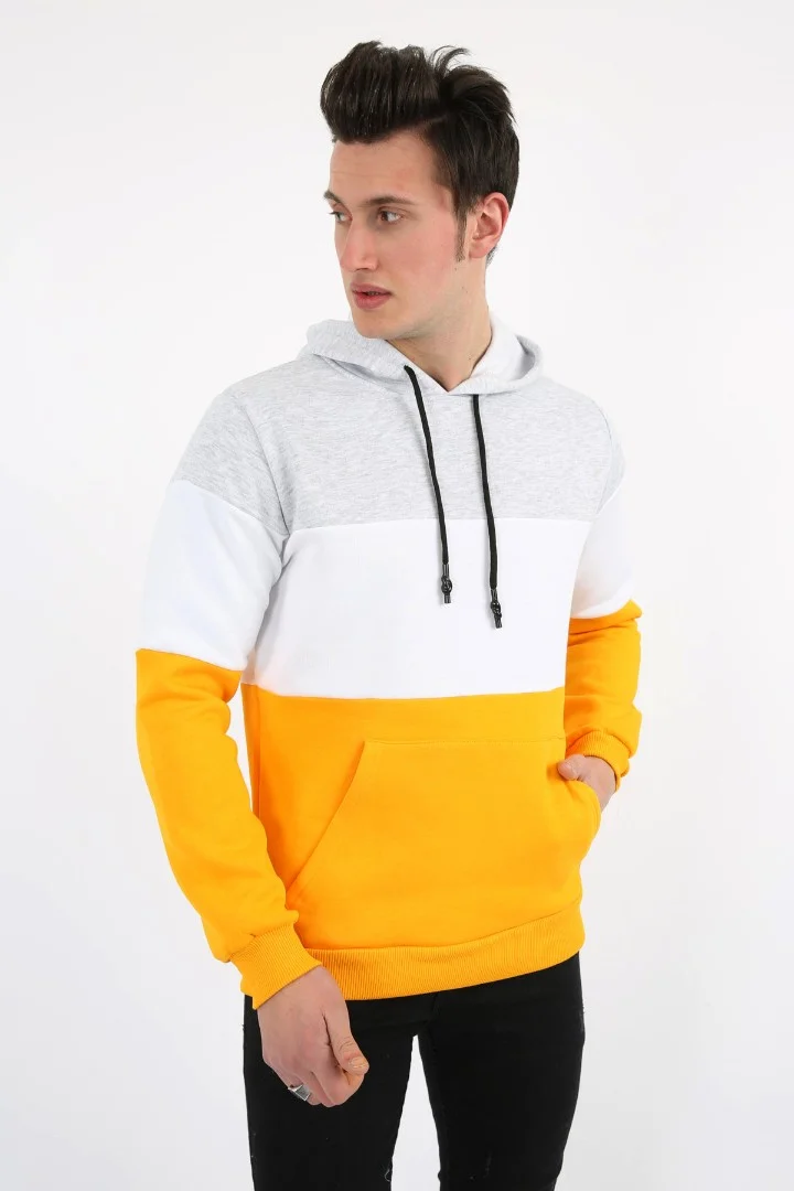 Üç İplik Şardonlu Kapşonlu Kanguru Cepli Parçalı Erkek Günlük Sweatshirt