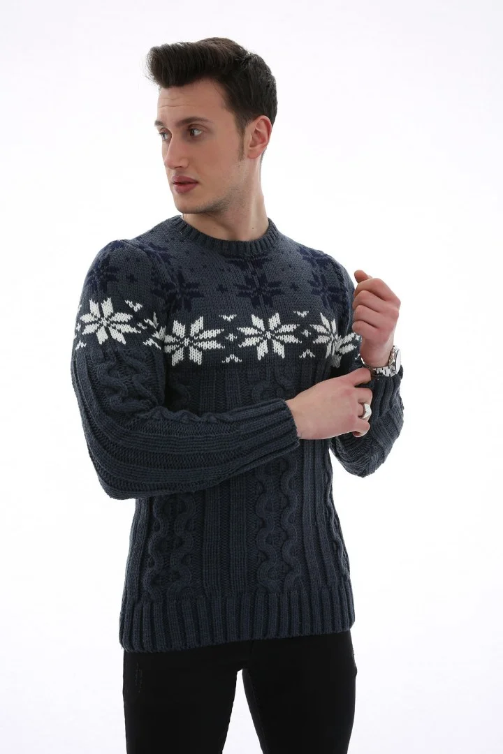 Erkek Kar Desenli Kapartma Baskılı Kışlık Kalın Günlük Triko Kazak