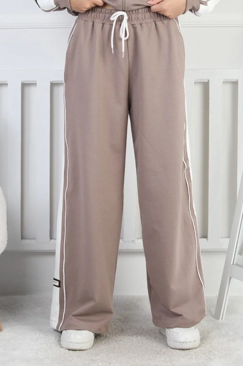 İki İplik Çizgili Kapşonlu Fermuarlı Kız Çocuk Takım