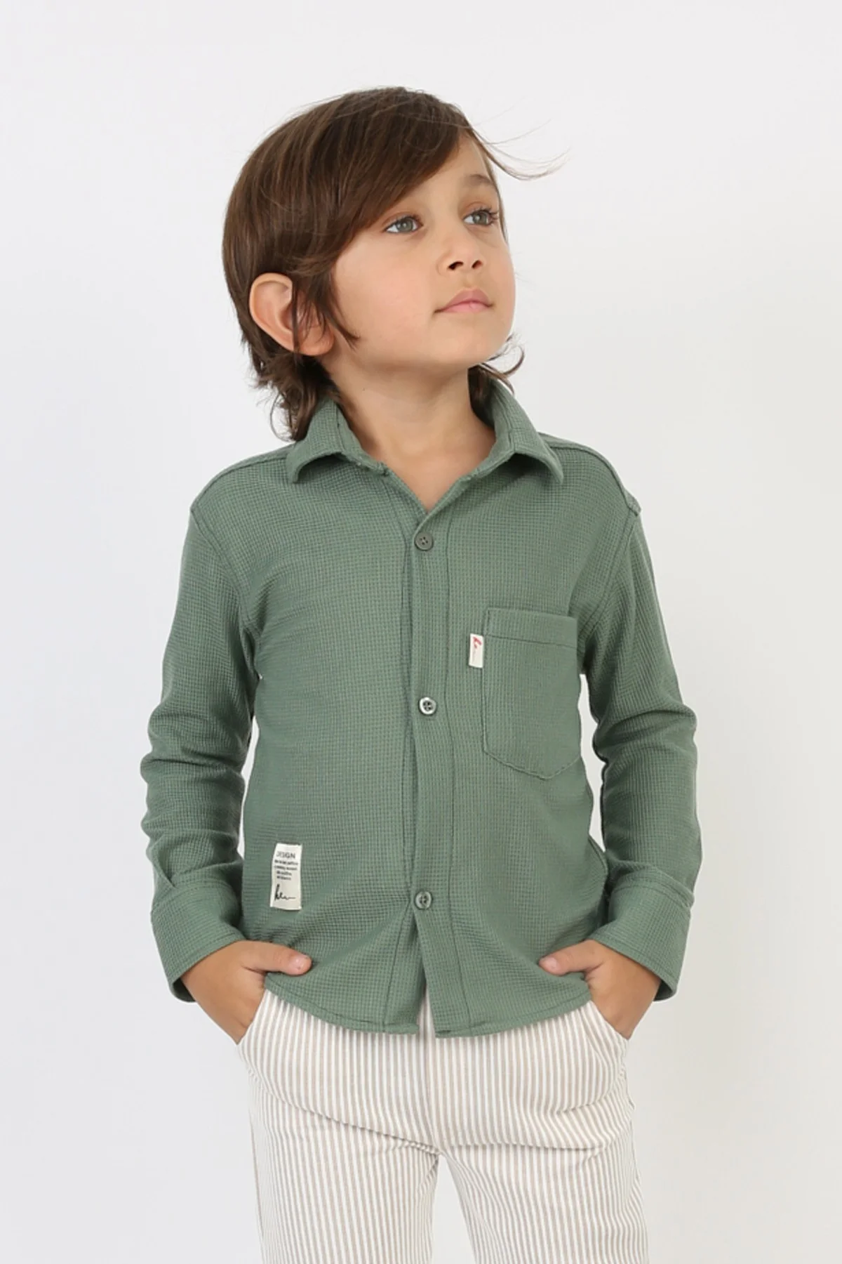 Erkek Çocuk Cepli Waffle Kumaş Likralı Rahat Şık Günlük Gömlek