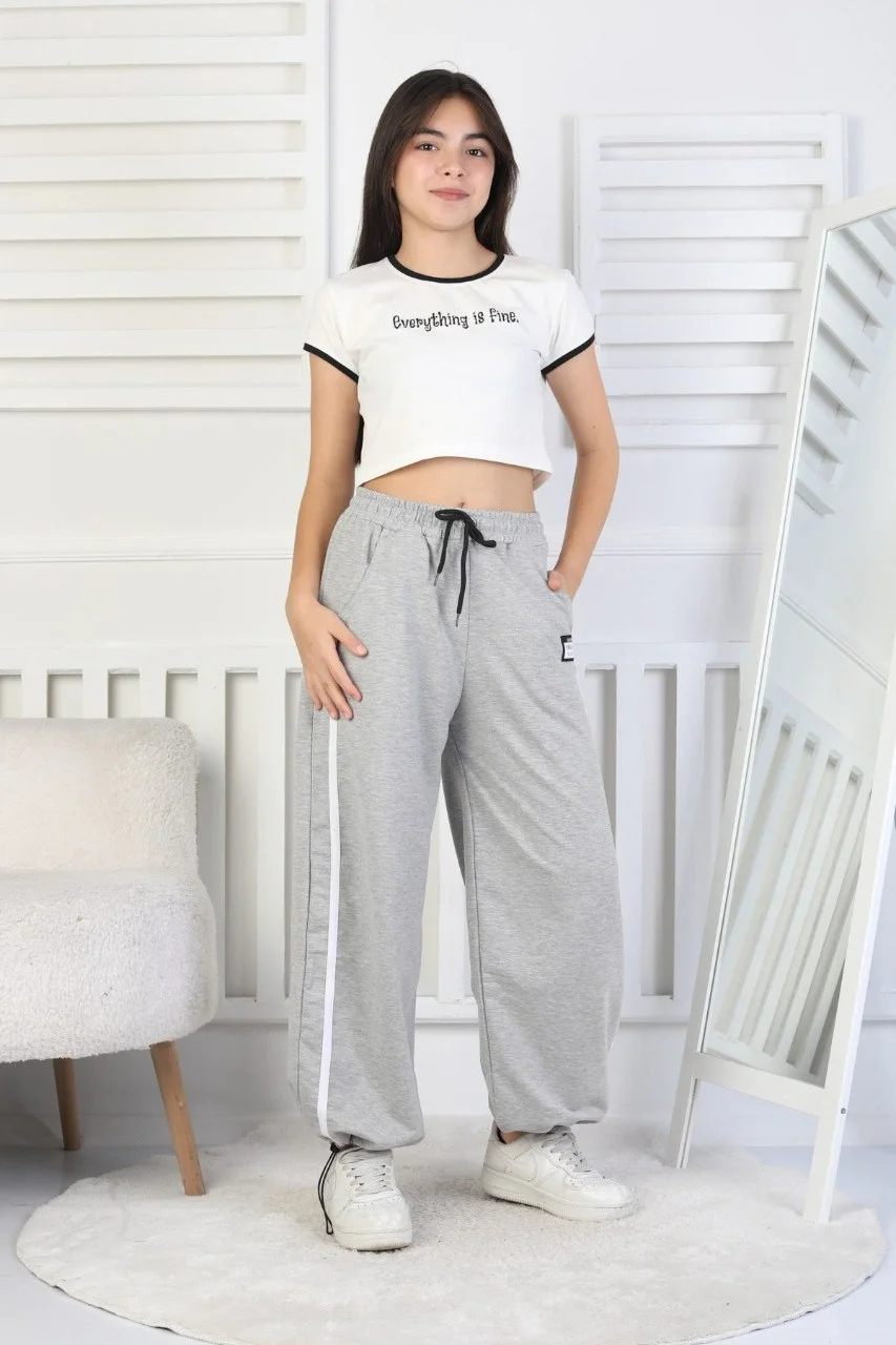 İki İplik Çizgili Kız Çocuk Eşofman Altı