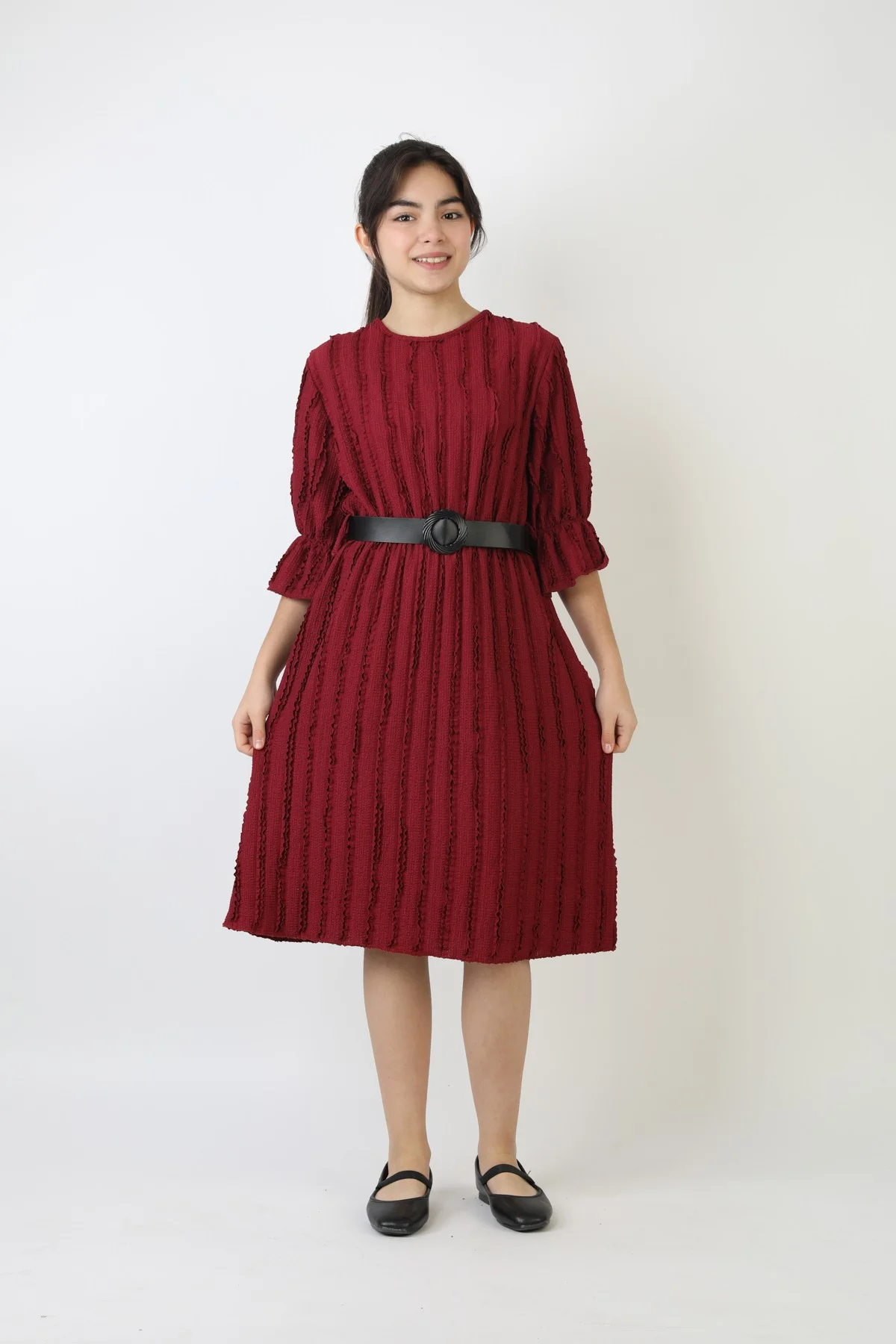 Fırfırlı Bürümcük Kumaş Kız Çocuk Kemerli Günlük Şık ve Rahat Elbise