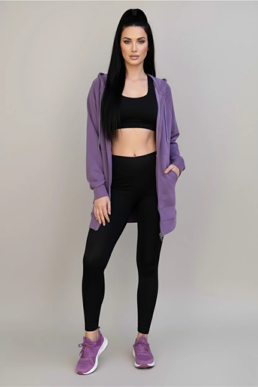 Kadın Mor Oversize Kapüşonlu Fermuarlı İki İplik Uzun Hırka