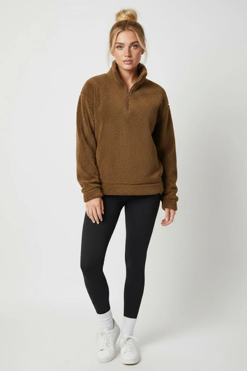 Kadın Kahverengi Yarım Fermuarlı Peluş Polar Sweatshirt - Kışlık Yumuşak Sıcak Tutan Kazak