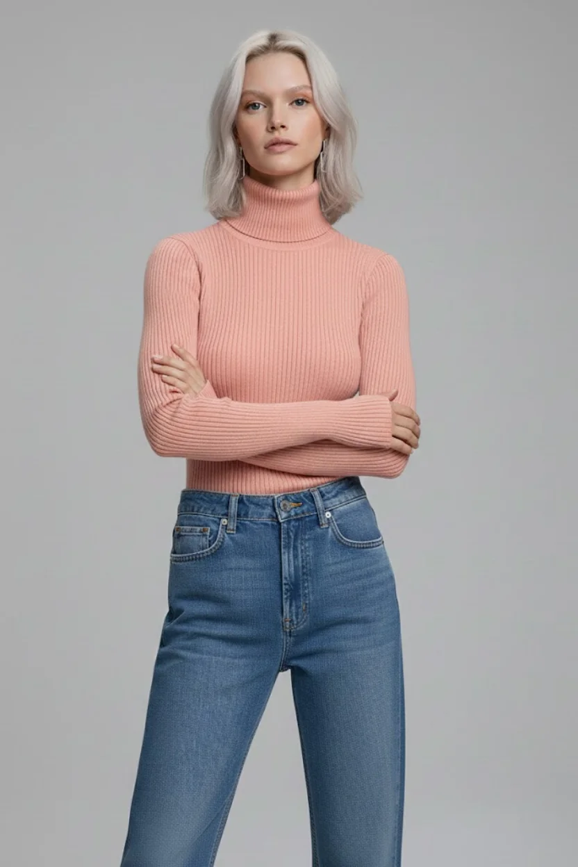 Kadın Pudra Pembe Tam Boğazlı Fitilli Triko Kazak - Yumuşak Dokulu Kışlık Slim Fit Örme Bluz