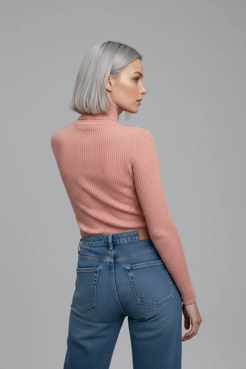 Kadın Pudra Pembe Tam Boğazlı Fitilli Triko Kazak - Yumuşak Dokulu Kışlık Slim Fit Örme Bluz