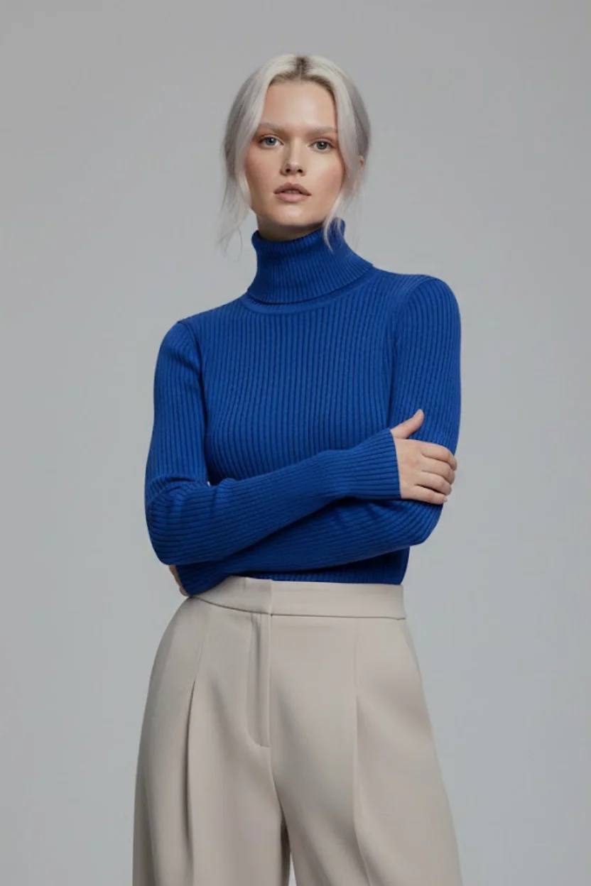 Kadın Saks Mavisi Tam Boğazlı Fitilli Triko Kazak - Canlı Renk Yumuşak Dokulu Kışlık Örme Bluz