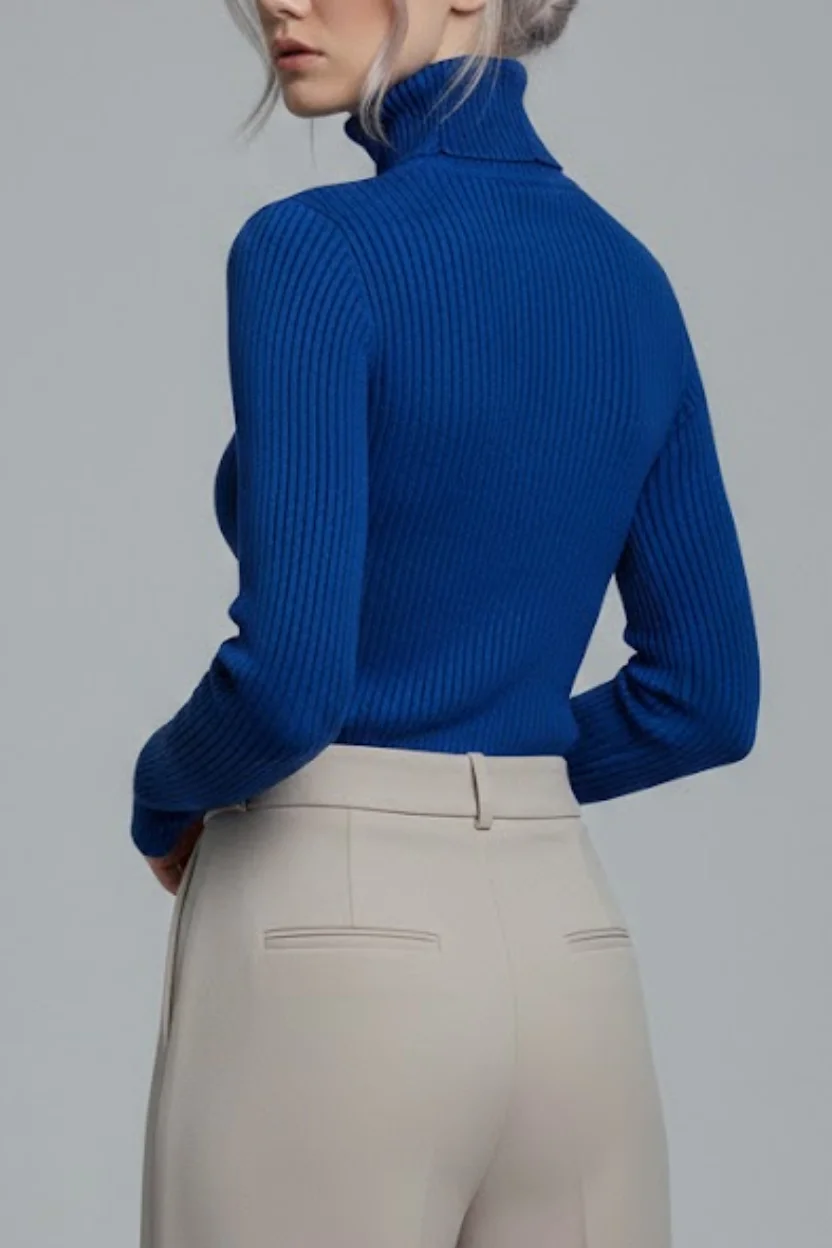 Kadın Saks Mavisi Tam Boğazlı Fitilli Triko Kazak - Canlı Renk Yumuşak Dokulu Kışlık Örme Bluz