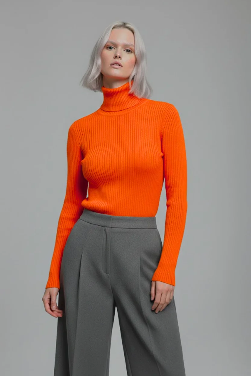 Kadın Turuncu Tam Boğazlı Fitilli Triko Kazak - Yumuşak Dokulu Esnek Örme Bluz