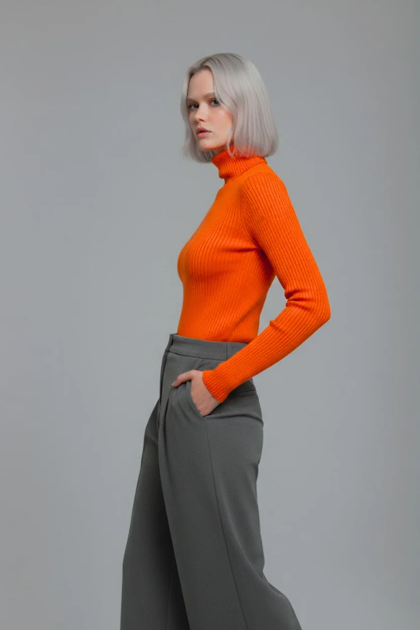 Kadın Turuncu Tam Boğazlı Fitilli Triko Kazak - Yumuşak Dokulu Esnek Örme Bluz