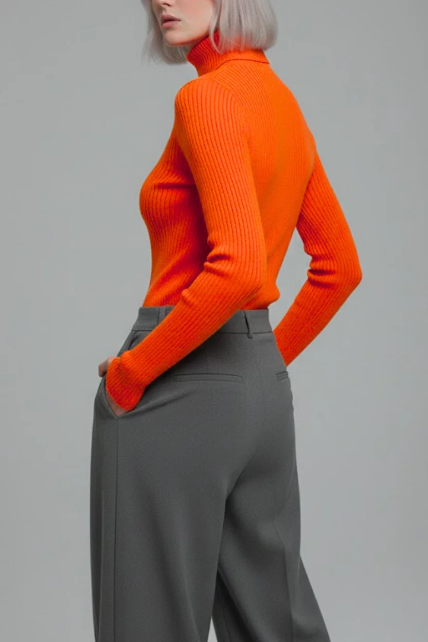 Kadın Turuncu Tam Boğazlı Fitilli Triko Kazak - Yumuşak Dokulu Esnek Örme Bluz