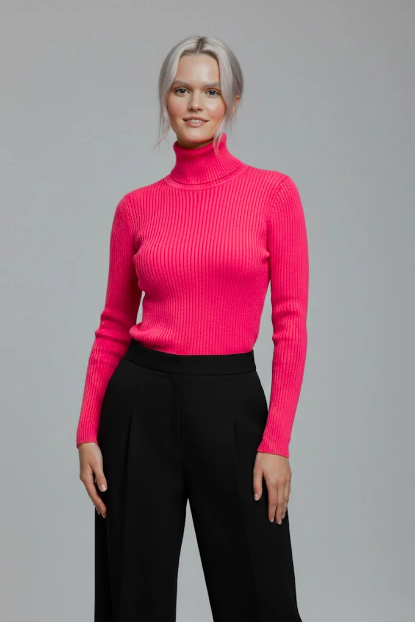 Kadın Fuşya Pembe Boğazlı Slim Fit Kışlık Triko Kazak - Yumuşak Dokulu Esnek Bluz