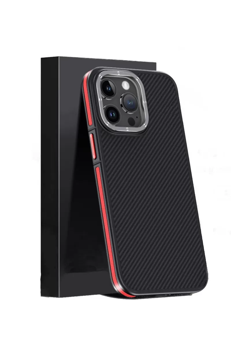 Joko Apple iPhone 15 Pro Kılıf Aramid 600D Kevlar Karbon Fiber Magsafe Kapak - Kırmızı