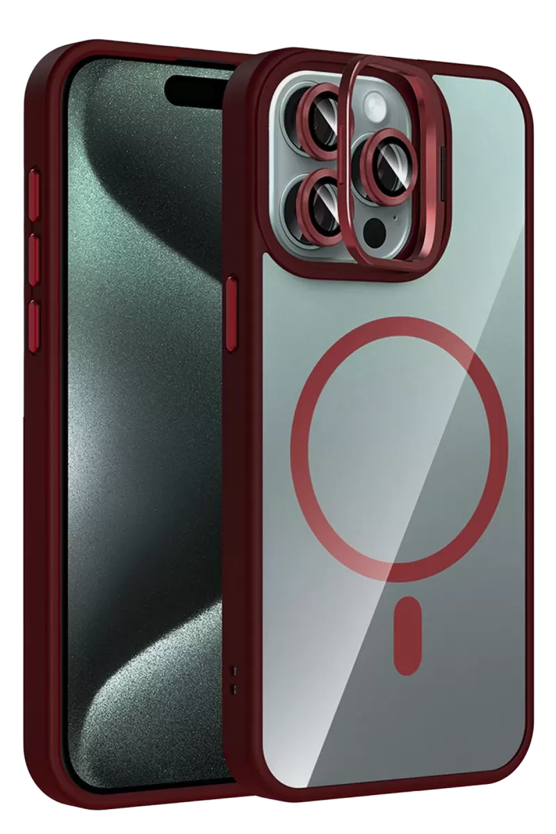 Joko Apple iPhone 14 Pro Max Remim Lensli Magsafe Standlı Kapak - Bordo
