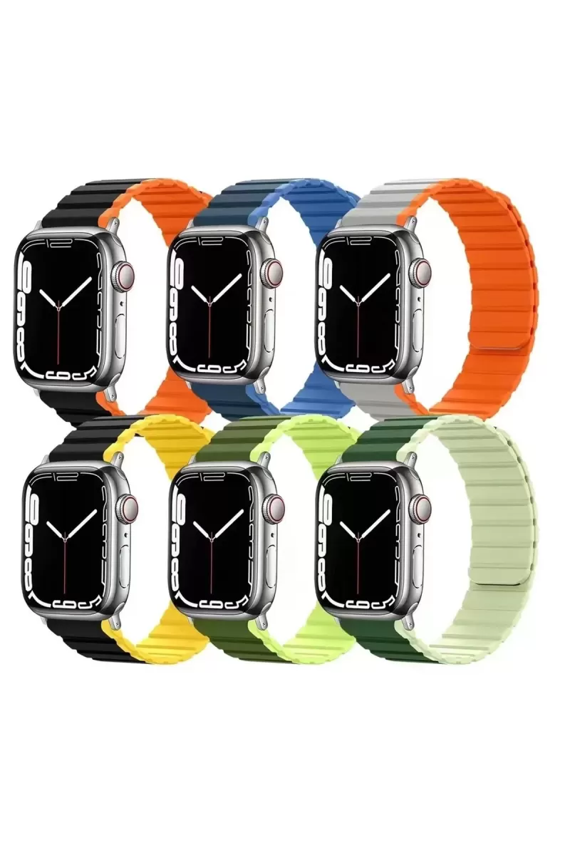 Movenchy Apple Watch 42mm MO-WB1 Çift Renk Mıknatıslı Silikon Kordon - Siyah-Sarı