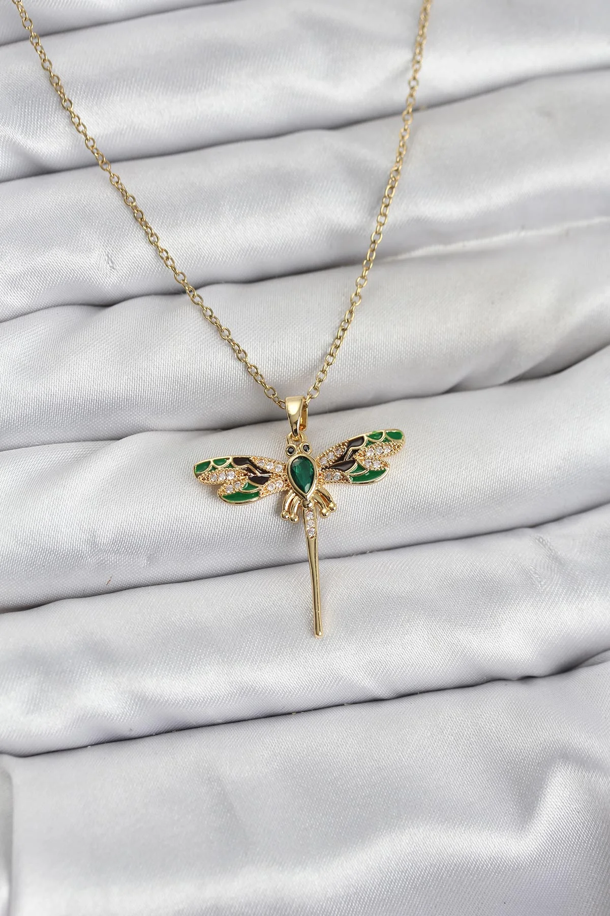 316L Çelik Zincir Gold Renk Yusufçuk Model Zirkon Taşlı Kadın Kolye