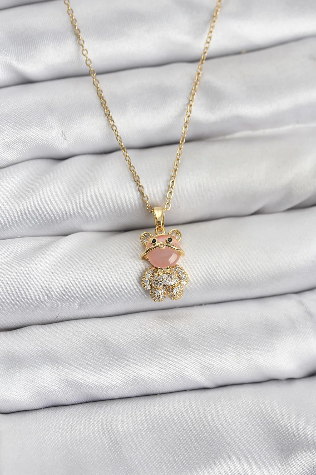 316L Çelik Zincir Gold Renk Teddy Bear Model Zirkon Taşlı Kadın Kolye