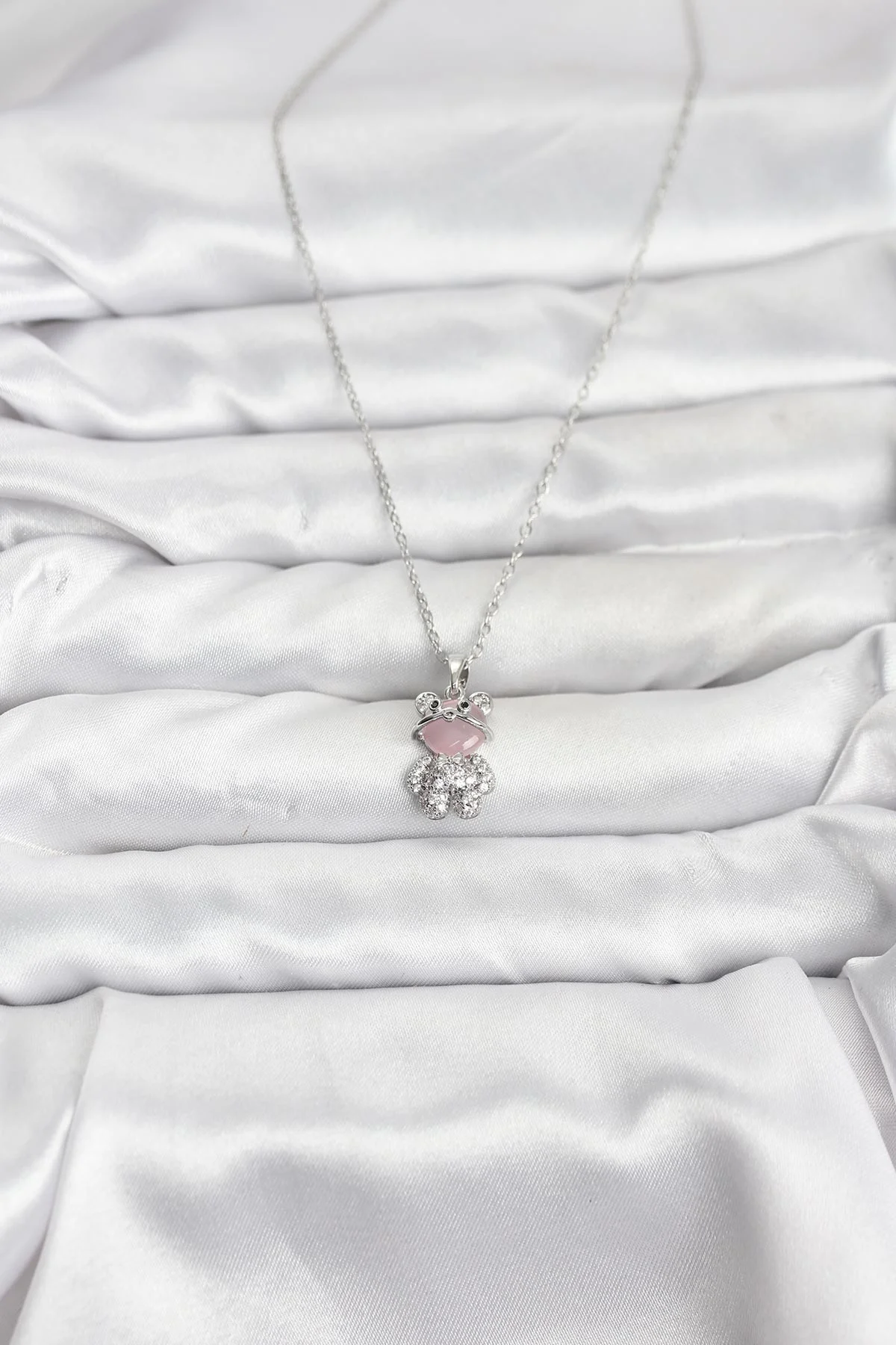 316L Çelik Zincir Gümüş Renk Teddy Bear Model Zirkon Taşlı Kadın Kolye